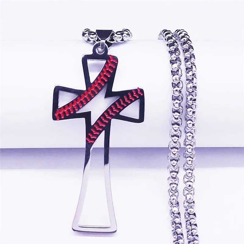 Baseball Bat & Cross Pendant Necklace For Men & Boys - Stainless Steel Religious Sports Jewelry Gift